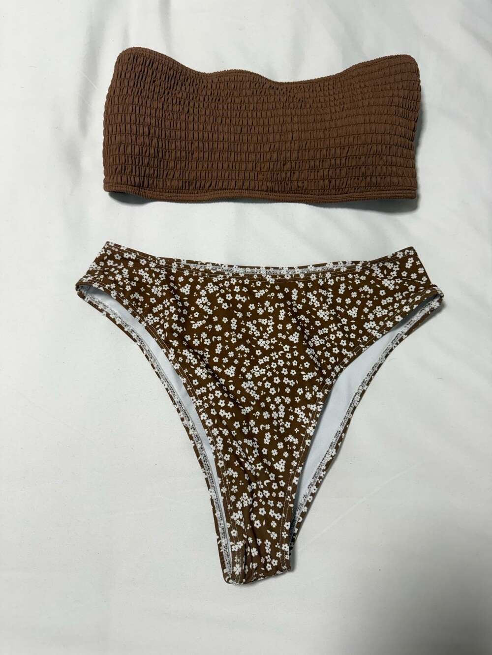 Brown Smocked Bandeau Bikini with Floral Print Bottoms Set